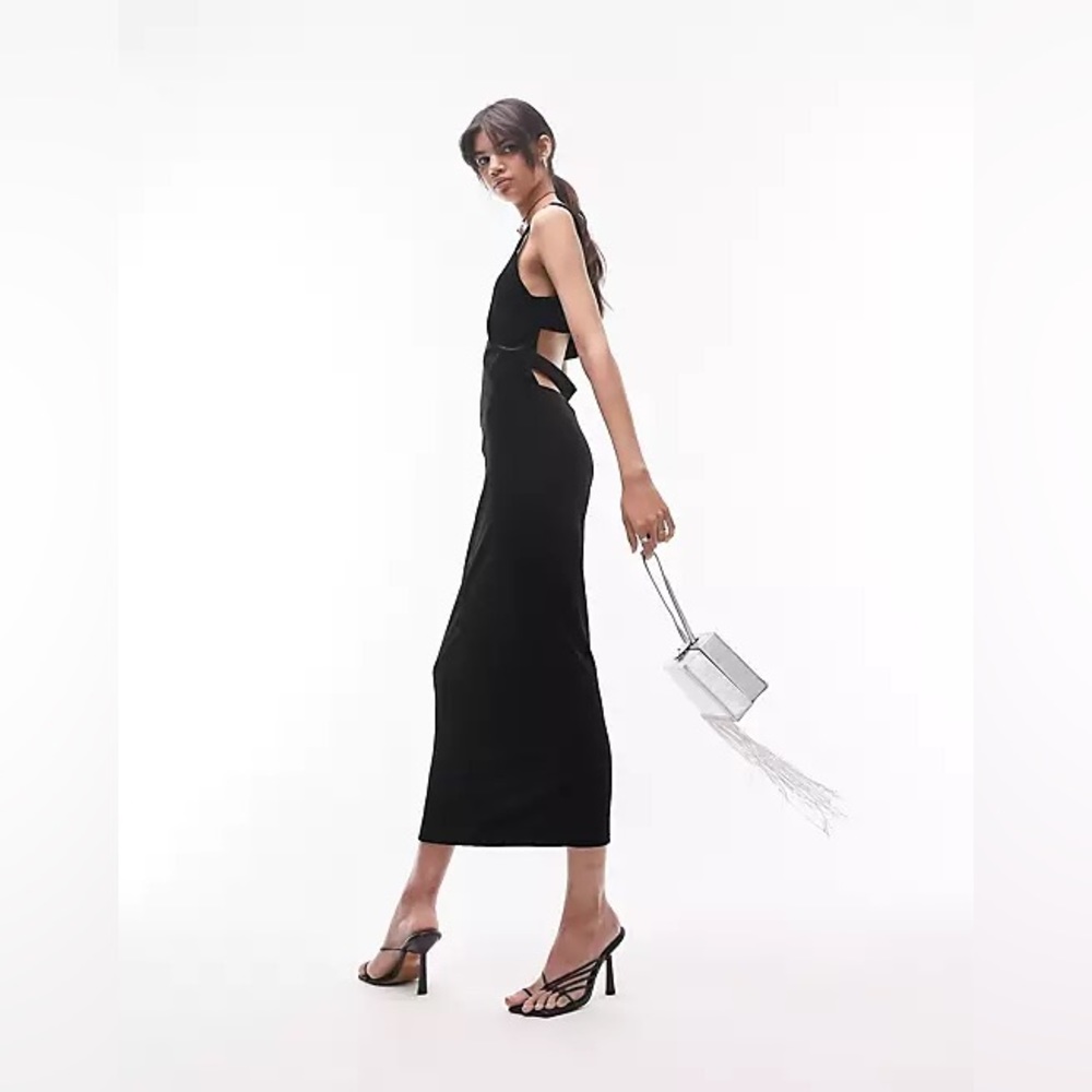 Topshop strappy back jersey velvet midi dress in black
